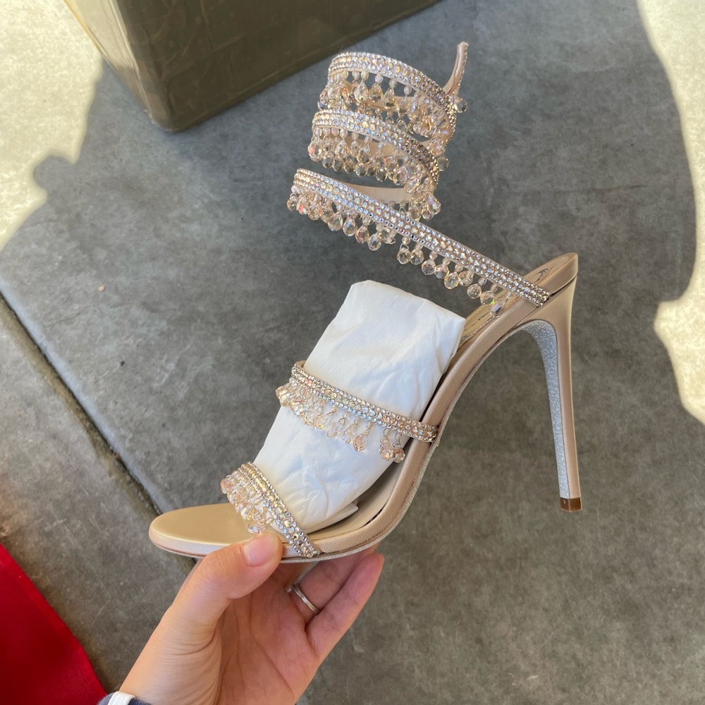 Rene Caovilla Rose Gold Crystal Embellished Stiletto Sandals